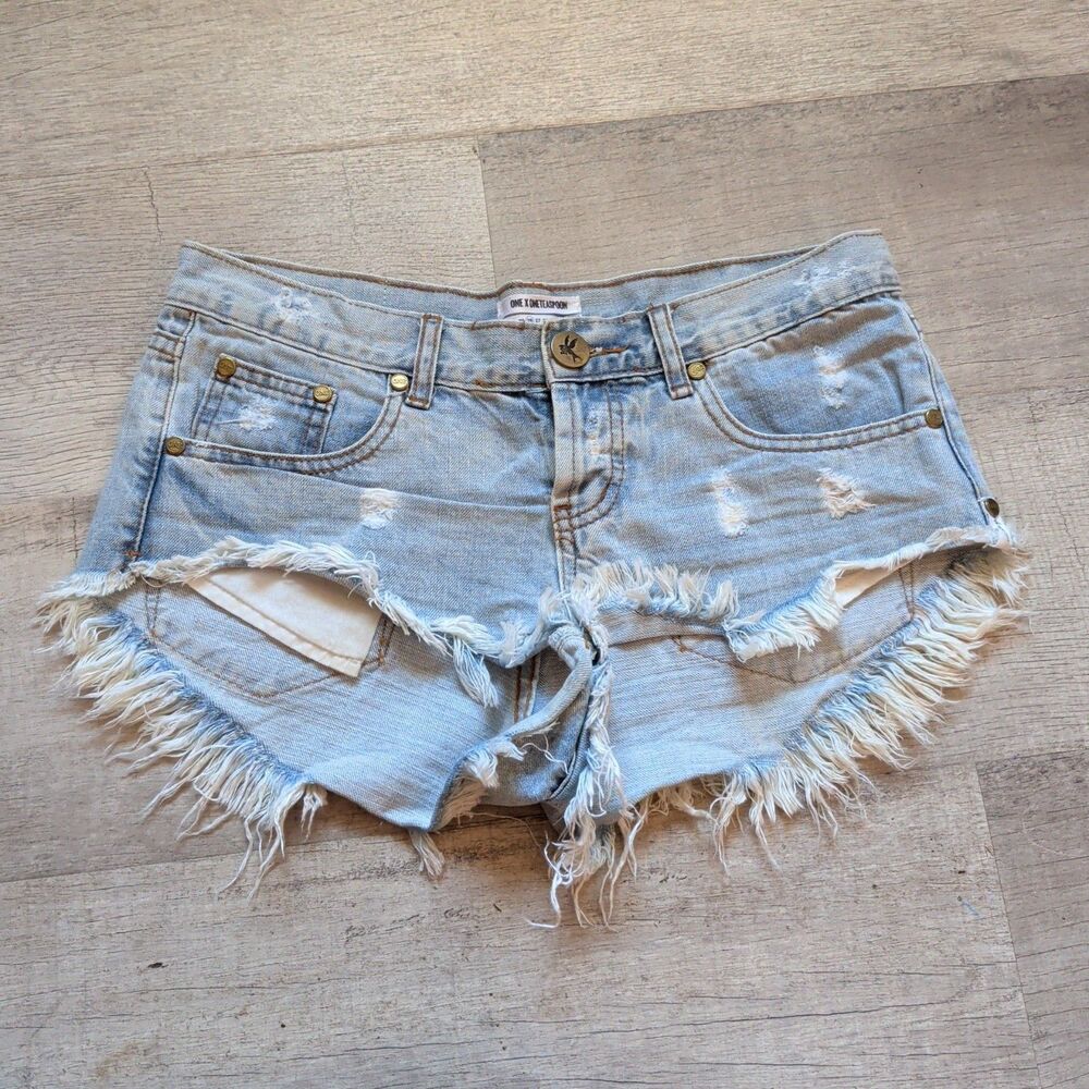 One Teaspoon Bonitas Denim Shorts 26 Low Waist Distressed Raw Hem Light Blue